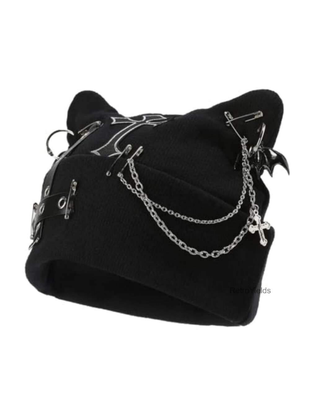 Goth Cat Ears Beanie Hat Punk Y2K Grunge Knit Winter Accessory